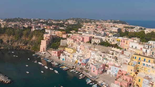 Aerial View of Corriccella Fisherman Village in Procida Island Near Naples Italy