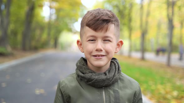 the Portrait of a Child Boy is in the Park Looking at Camera