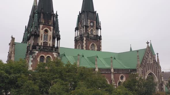 Aerial View of Historical Church of Saints Olga and Elizabeth Old Gothic Temple in Town Lviv Ukraine