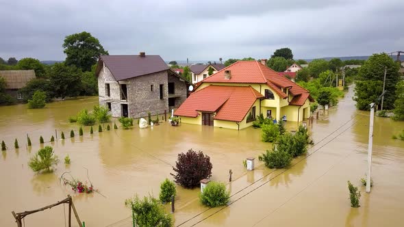 Aerial View of Flooded Houses with Dirty Water of Dnister River in Halych Town Western Ukraine