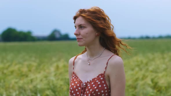 Portrait of Attractive Female on Grass at Sunset