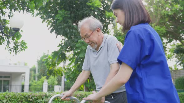 Caregiver doctor serve physical therapy for elder patient to exercise and practice walk in garden.