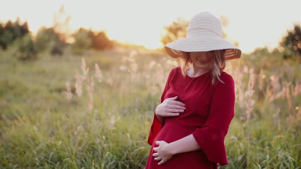 Portrait of Pregnant Woman Walking on a Meadow in Sunset