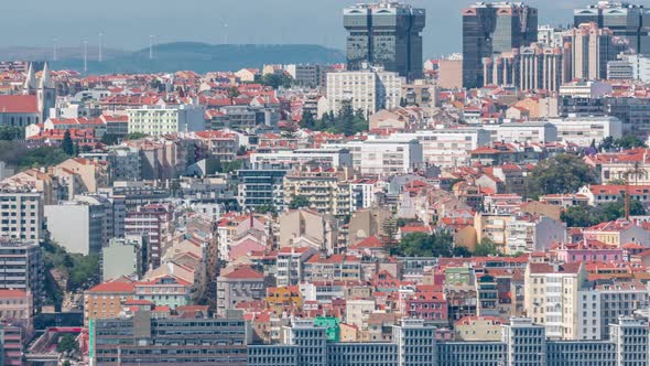 Panorama of Lisbon Historical Centre Aerial Timelapse Viewed From Above the Southern Margin of the