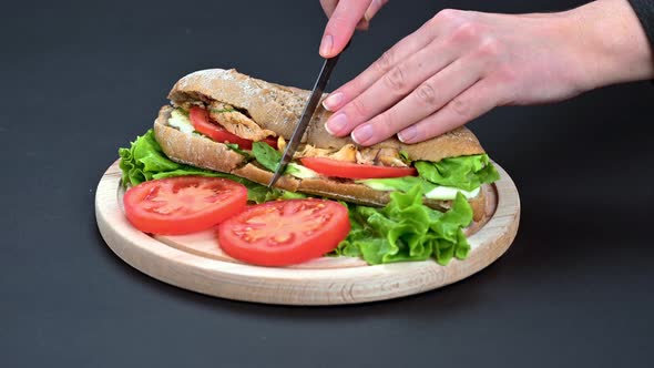 Woman hands cutting sandwich