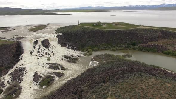 Aerial view of huge overflow waterfall at Magic Reservoir