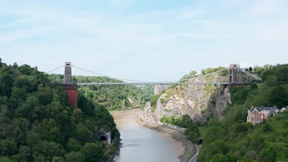 Slow dolly back drone shot from Clifton suspension bridge Bristol