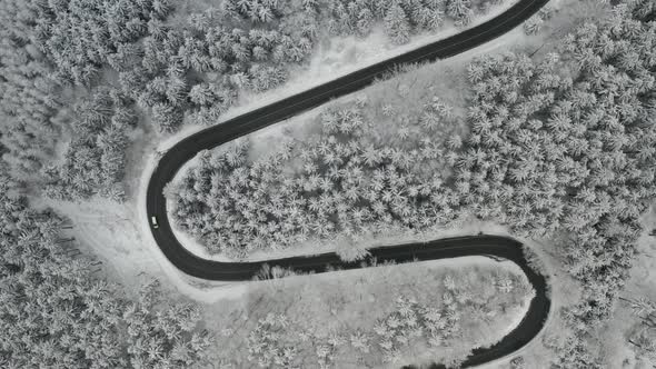 Aerial View on the Serpentine s Shape Road with Moving Automobile in the Frozen Forest