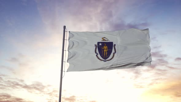 State Flag of Massachusetts Waving in the Wind