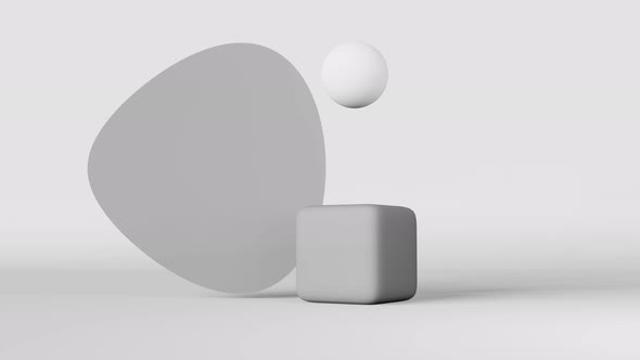 White sphere cilynder gray cube zero gravity abstract monochrome shapes 3D animation seamless loop