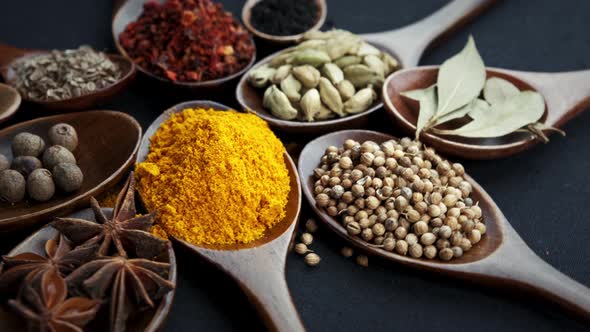 Various Indian Spices of Rotation Black Background.