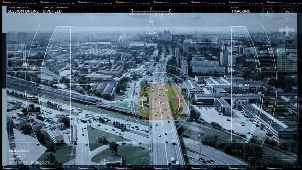 Spying Drone Flying over the City. Collecting Information on Passing Cars. UI alt