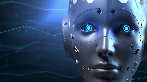 face of a woman's robot studying information. neutral digital background