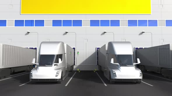 Electric Trailer Trucks at Warehouse Dock with Flag of UKRAINE