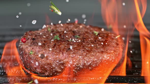 Super Slow Motion Shot of Seasoning Falling on Fresh Grilled Minced Meat at 1000 Fps