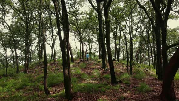 Woman with wicker basket standing among tall trees