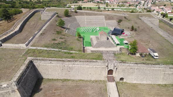 Aerial Pullback view chapel of Our Lady of Brotas inside São Neutel Fortress, Chaves