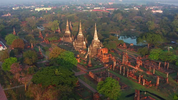 Aerial View of Wat Phra Si Sanphet Ruin Temple at Sunrise in Phra Nakhon Si Ayutthaya Thailand