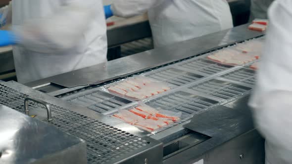 Crab Sticks Are Getting Packed By the Factory Staff