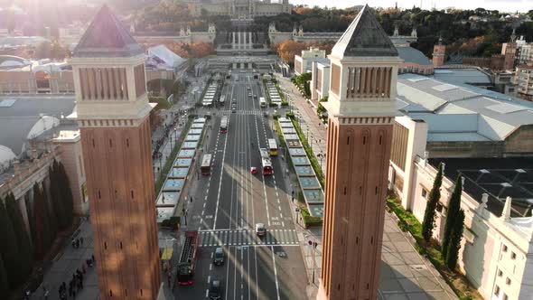 Aerial View of Venetian Towers and Road Traffic in Sunny Barcelona Spain