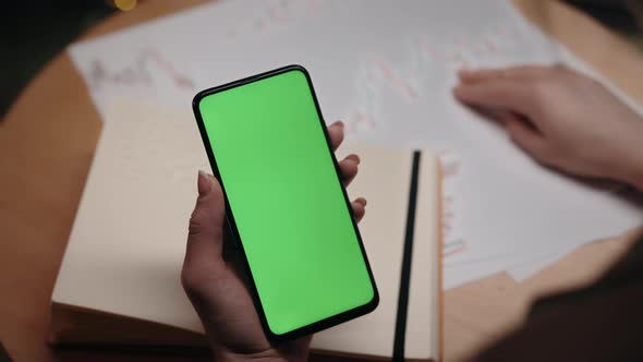 Business Lady Using Mobile with Green Screen at Cafe