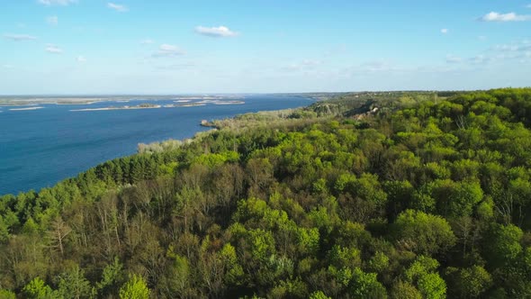 Aerial View Flying Over Vitachiv Village Hills Near Dnipro River at Sunset. Horodyshche Novgorod