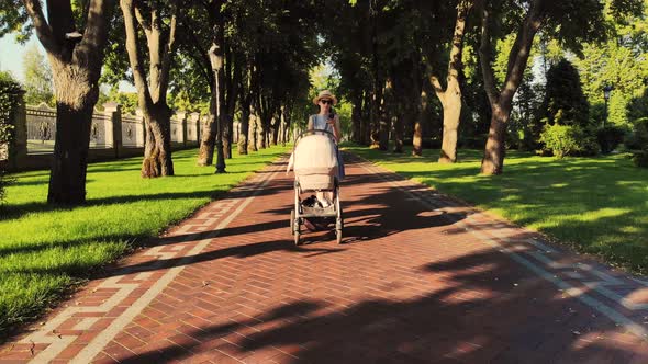 Young Mother Walking with Baby Stroller and Looking in Her Phone