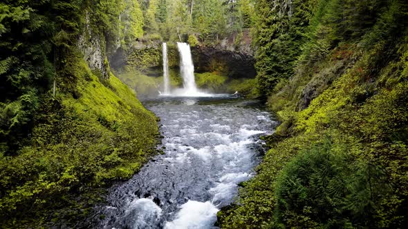 Aerial Shot Of Koosah Falls In Oregon