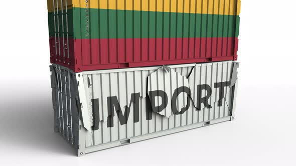 Container with Flag of Lithuania Breaks Container with IMPORT Text alt