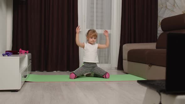 Child Kid Girl Doing Gymnastics Fitness Stretching Workout at Home Video Tutorial Distance Training