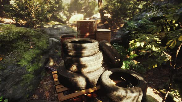 Old Used Wheels in the Tropical Forest As Pollution Concept