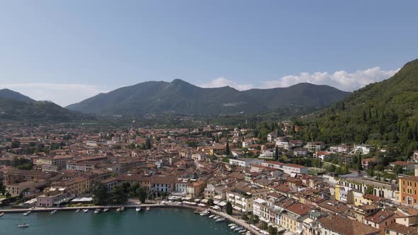 Aerial view of Salo, picturesque idyllic city on Lake Garda Coast Lombardy Italy on sunny summer day