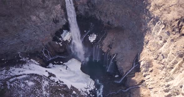 Aerial View of Kegon Waterfall with Snowy Basalt Wall Japan