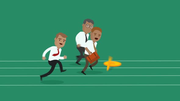 Three Businessmen Running on a race track, chasing the gold coins. Success.
