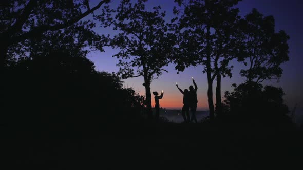 Silhouettes of Young Cheerful People Having Fun in Forest During Evening Standing Under Trees