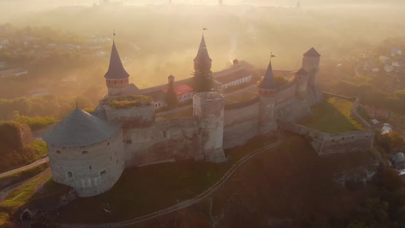 Aerial View of Kamianets Podilskyi Castle at Sunrise Ukraine