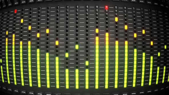 Colorful led lights indicating sound volume levels on a studio mixer. 4KHD