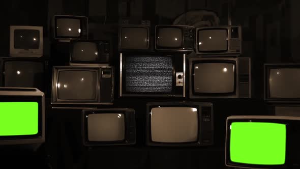 Retro TVs turning Off Green Screen. Sepia Tone.