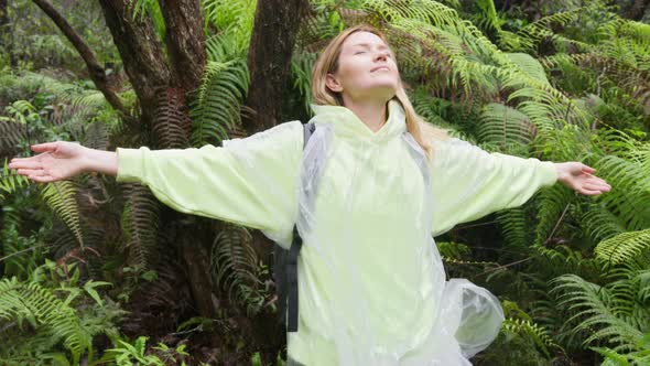 Fern Blowing in Wind People Forest Freedom Happiness Happy Young Hiker Woman