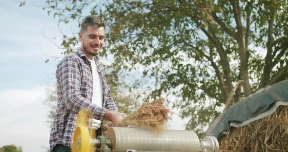 Farmer Smiling and Clean Plant and Making Traditional Straw Broom with Sorghum