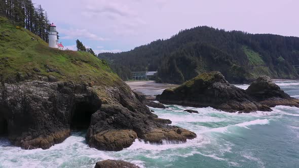 Flying around Heceta Head as the waves crash into the rocks