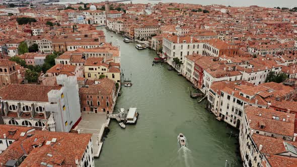 Top View of the Grand Canal with Empty Gondolas Tied to the Pier