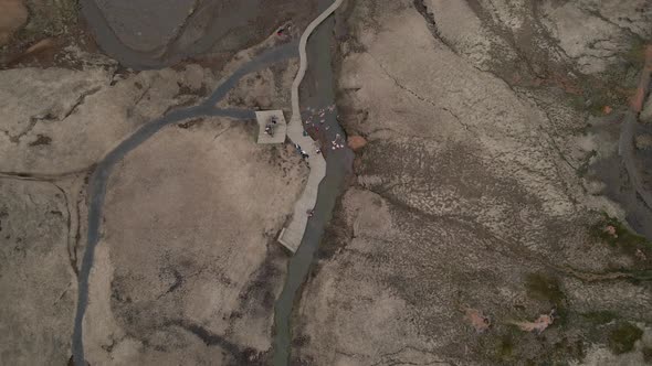Reykjadalur hot spring and thermal river, Iceland. Aerial top-down view