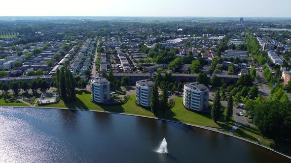 Aerial view living area at Amersfoort Kattenbroek Emiclaer, The Netherlands. Flying down