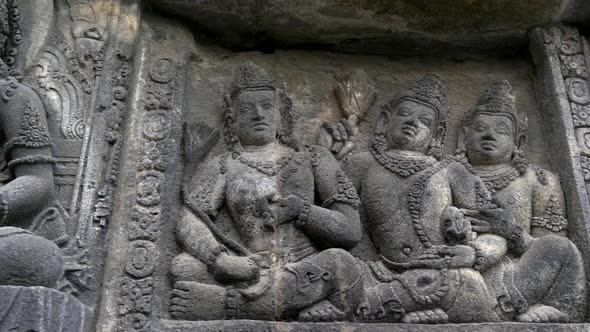 Bas-relief Inside Prambanan Temple Complex. Yogyakarta, Central Java, Indonesia. Crane Shot