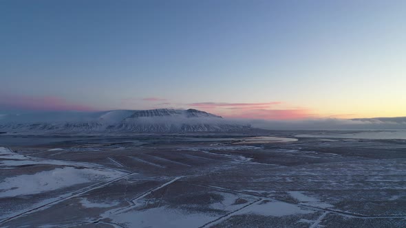 Iceland Aerial View Flying Slow Above County Fields In Winter. 4K UHD video.