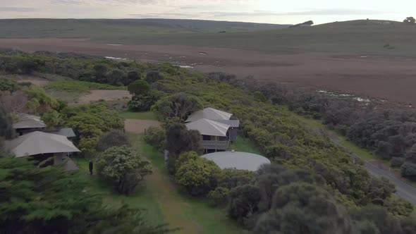 Aerial view of Pebble Point  glamping site near Twelve Apostles, a long Australia Great Ocean Road
