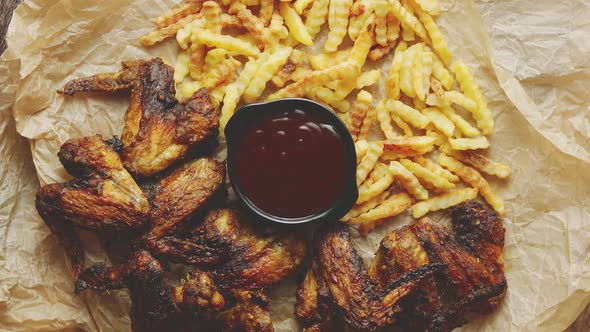 Appetizing Roasted Chicken Wings and French Fries with Barbecue Dip, Served on Baking Paper