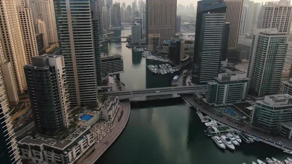 Dubai Creek From High Above Blue Water and Massive Skyscrapers