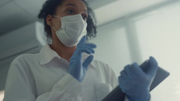 Doctor Conduct Health Surveys Patient Making Notes on Digital Tablet Closeup